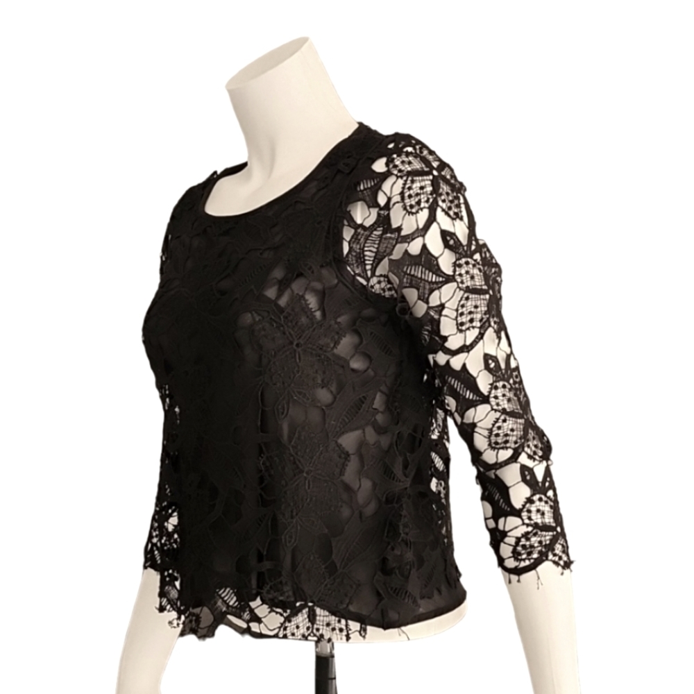 ZARA Black Crochet Lace Crop Top M Sheer Gothic Boho Punk Festival 3/4 Sleeve - Picture 3 of 15